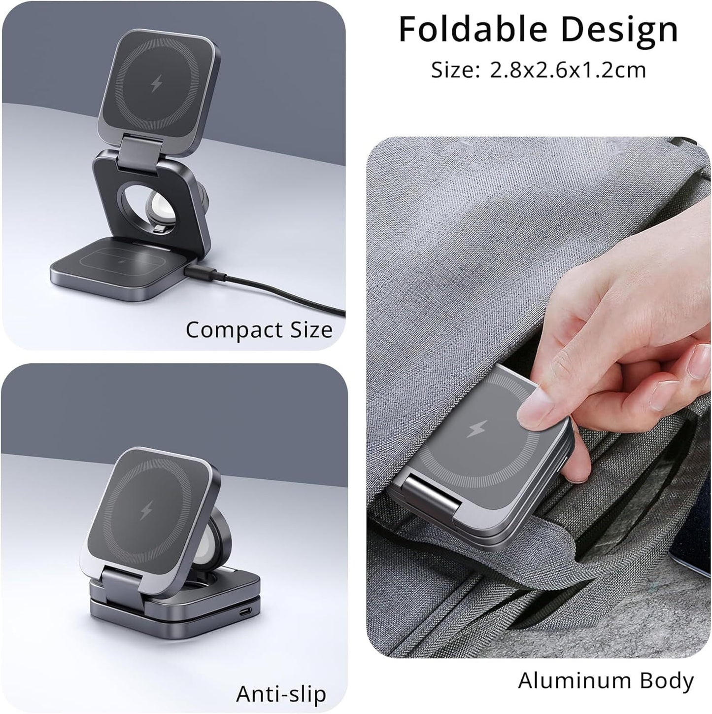 Wireless Charger Stand, 15W Magnetic Charger Wireless Fast Charging Station for Iphone 15/1413/12 Series, Aluminum Alloy 5W Charger for Apple Watch, Airpods, USB-C Charging Cable Included