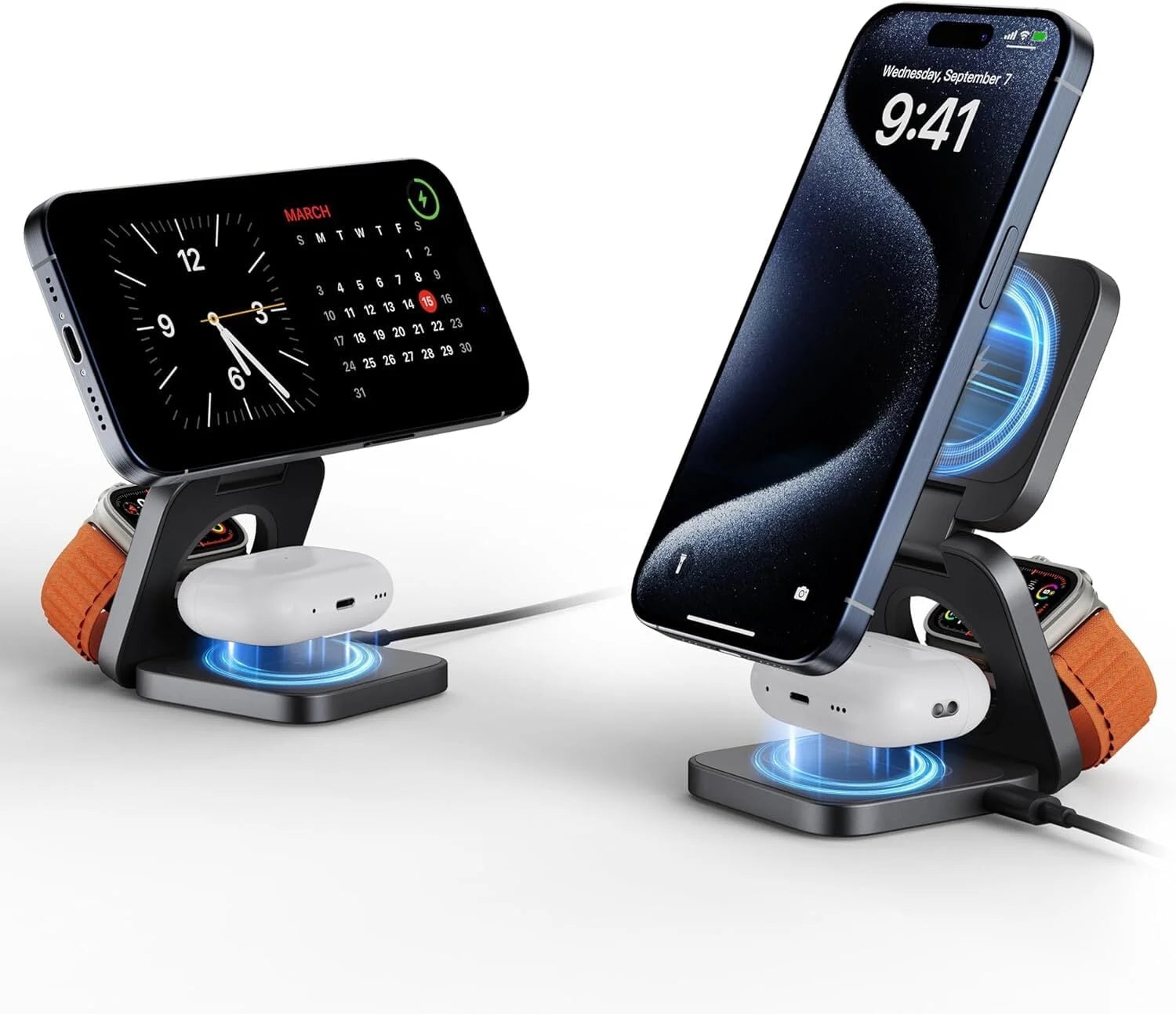 Wireless Charger Stand, 15W Magnetic Charger Wireless Fast Charging Station for Iphone 15/1413/12 Series, Aluminum Alloy 5W Charger for Apple Watch, Airpods, USB-C Charging Cable Included