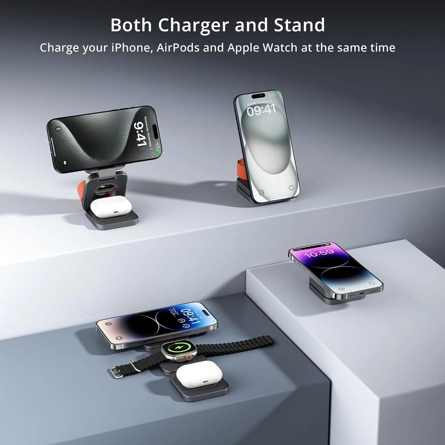Wireless Charger Stand, 15W Magnetic Charger Wireless Fast Charging Station for Iphone 15/1413/12 Series, Aluminum Alloy 5W Charger for Apple Watch, Airpods, USB-C Charging Cable Included